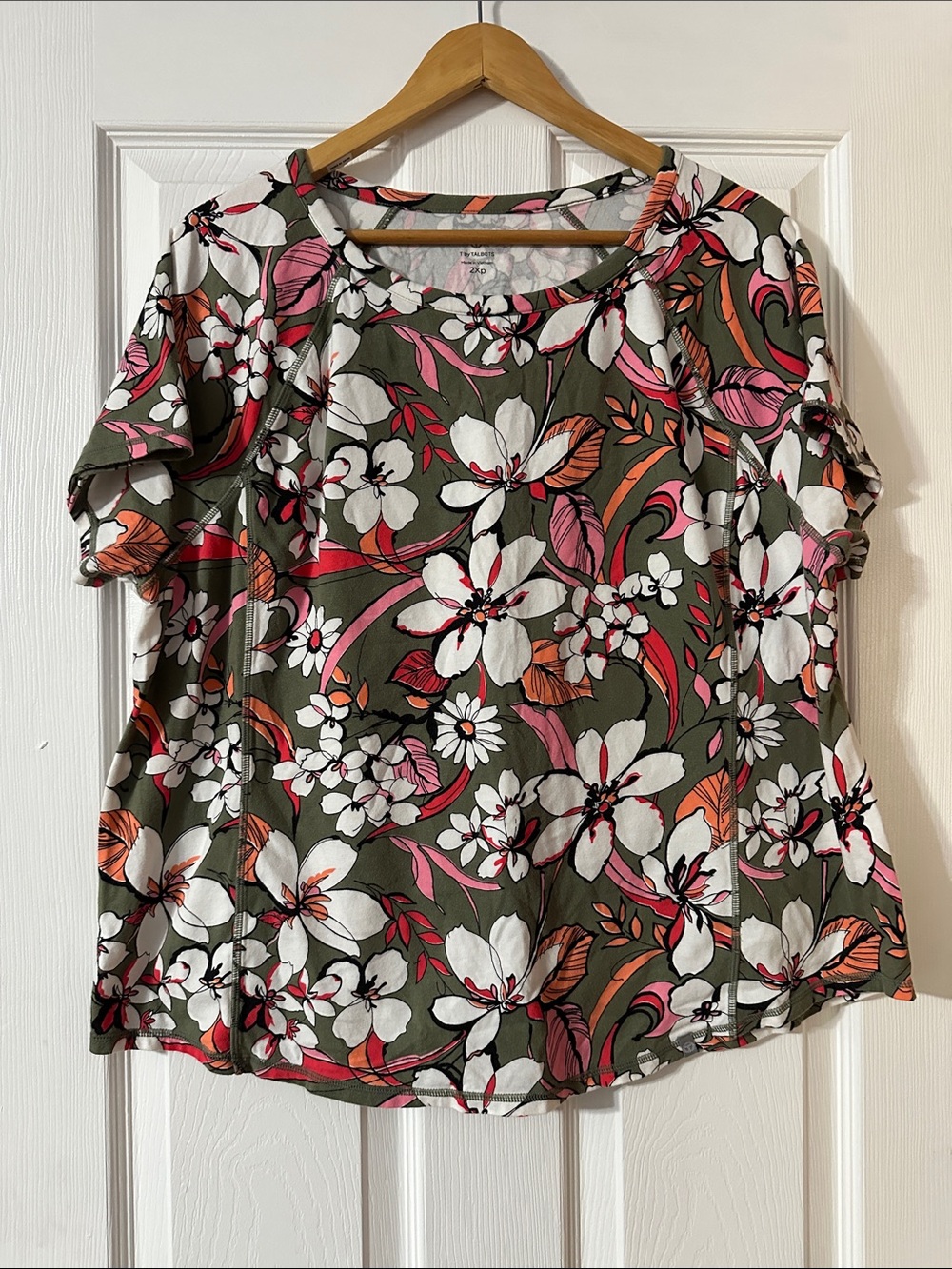 Talbots Olive Floral Short Sleeve Blouse with Pink & White Accents